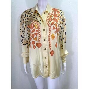 Vtg Sz 38 Escada 100% Silk Shirt Oversized Yellow Animal Print Tiger Gems Big E